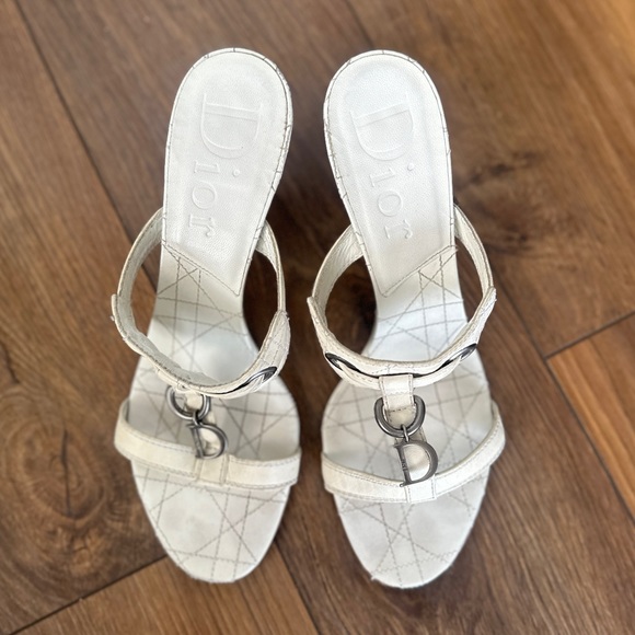 DIOR Logo Vintage Sandals Size 7.5 White and Silver Designer Heels Shoes - Picture 4 of 9